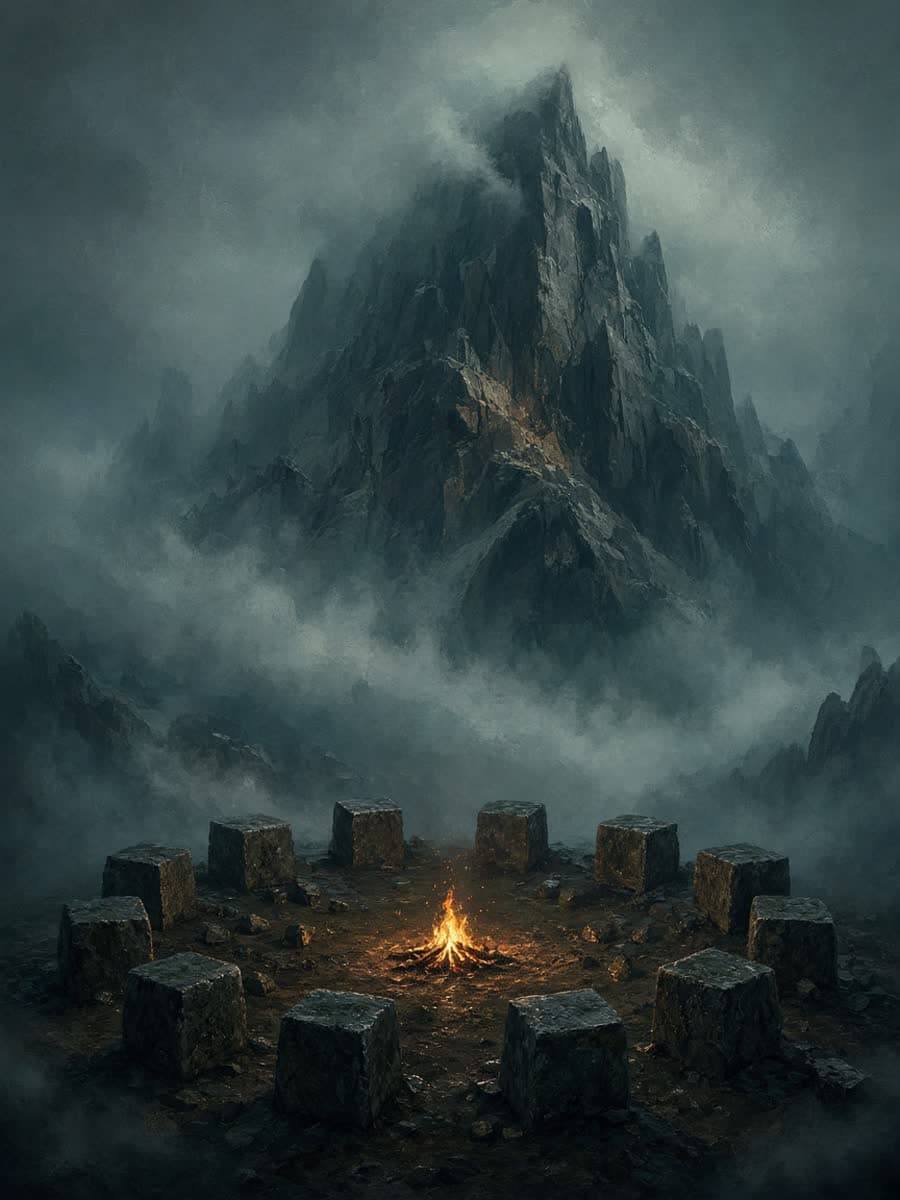 Original poster of a foggy mountain campfire ringed by cubic stones