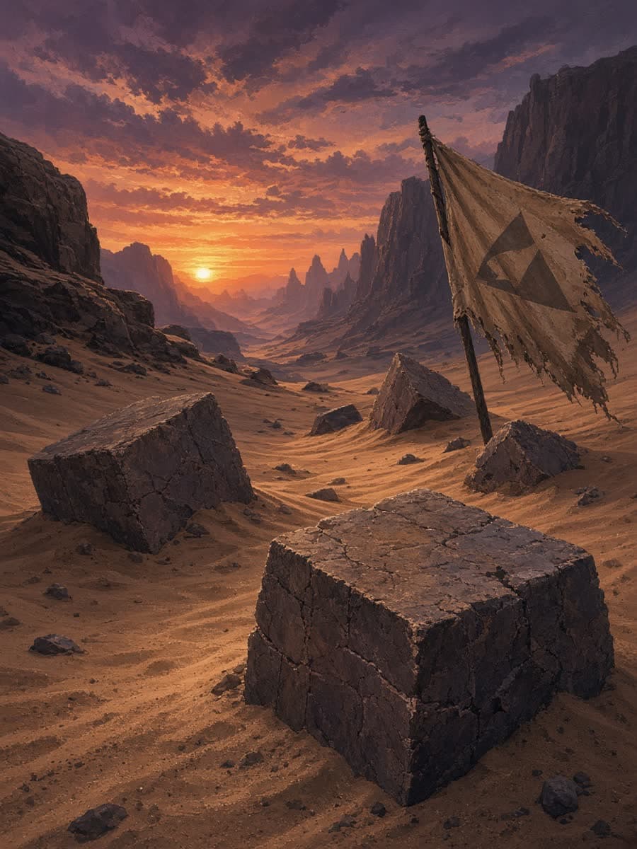 Original poster of a dusk canyon with buried stone cubes