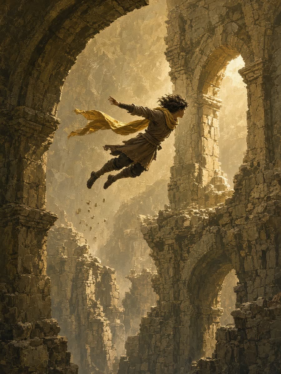 Original poster of an acrobat leaping between sunlit stone arches