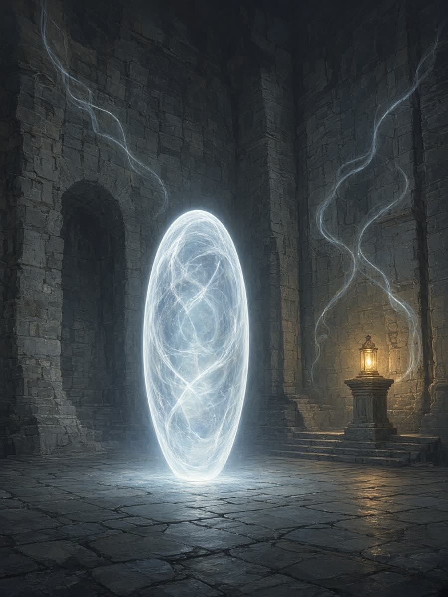 Original poster of a stone hall with one glowing oval of light